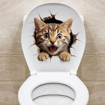 Through-wall Cat Toilet Sticker Waterproof Removable Self-adhesive PVC Living Room Bathroom Wall Art 3D Effect Simulation Kitten Toilet Seat