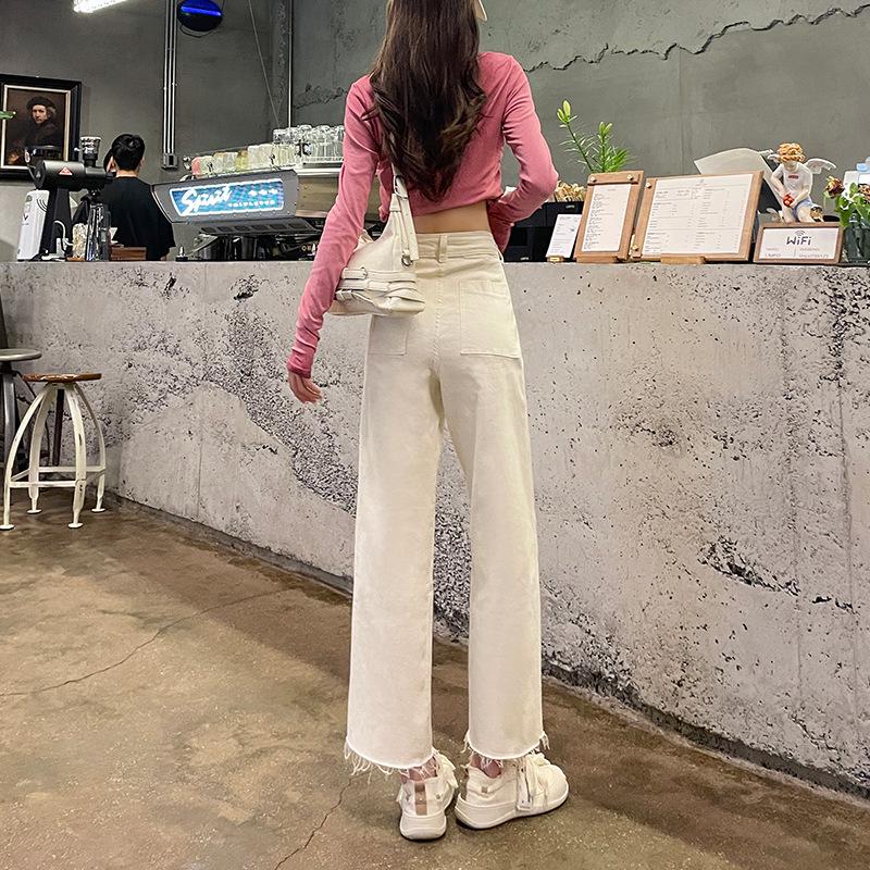 Women's High-Waisted Retro Khaki Cropped Wide-Leg Jeans with Raw Hem