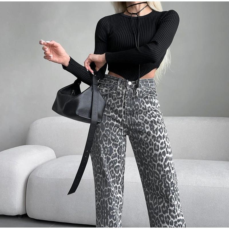 Elegant Grey Leopard Printed Jeans High Waist Straight Leg Vintage High Street Black Jeans Pants Women Formal Korean Retro