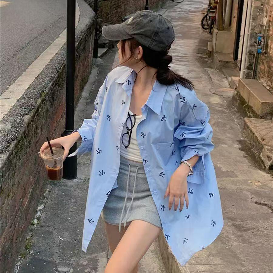 Solid Color Women's Shirt Bow Print Chest Pocket Turn Down Collar Long Sleeved Blouse Spring New Style Loose Casual Cute Version Female's Top