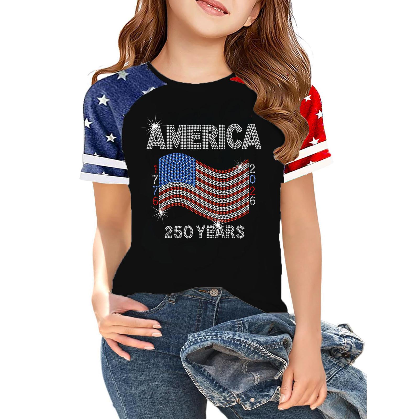 

Kids Independence Day T-Shirt USA Print Short Sleeve Casual Crew Neck Top Patriotic Graphic Tee for Boys Girls Summer Wear 110