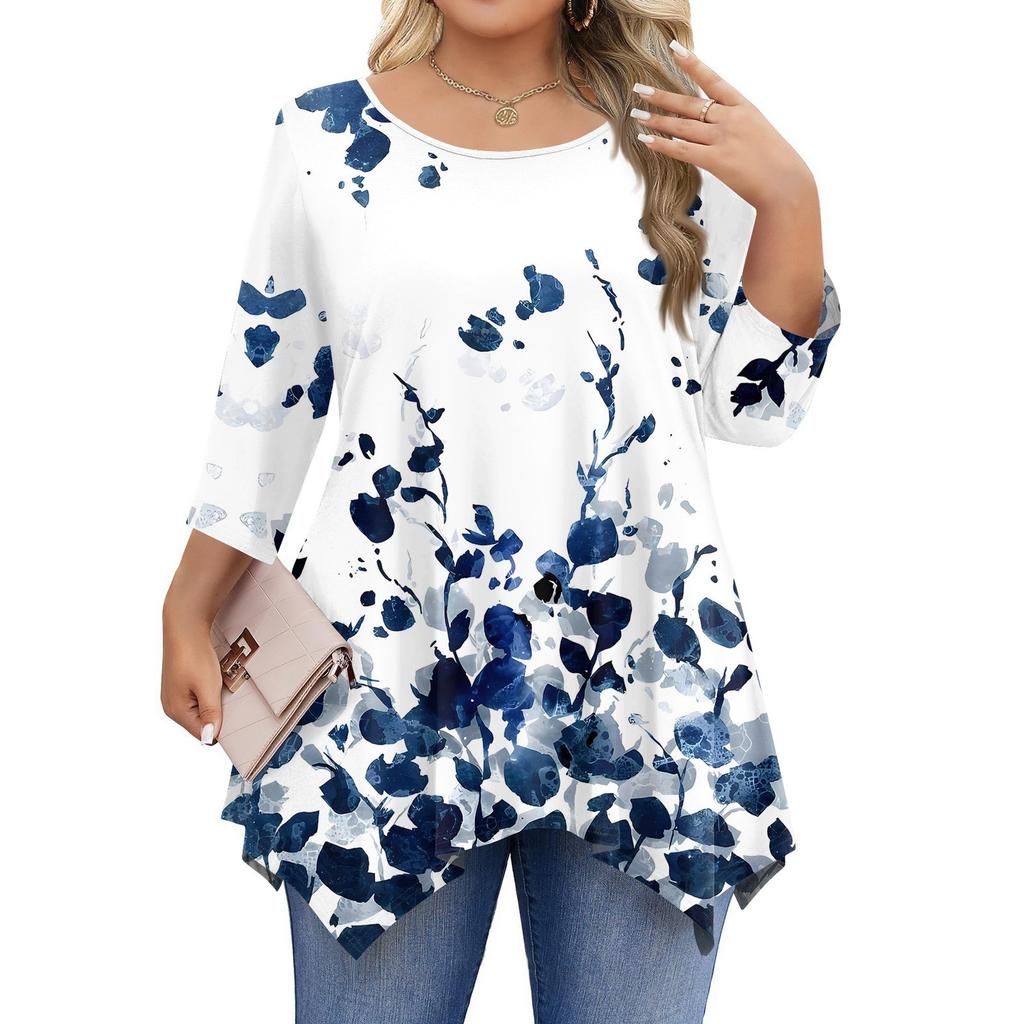 Womens Plus Size 3/4 Sleeve Shirts  Round Neck Tunic Tops Basic Loose Fit Tee Tops L-5XL