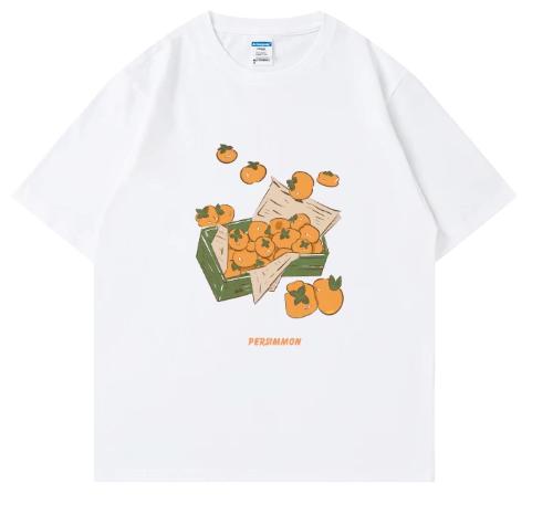 A basket of oranges. A fun, simple, retro cartoon print short-sleeved T-shirt. New style top, suitable for both men and women.