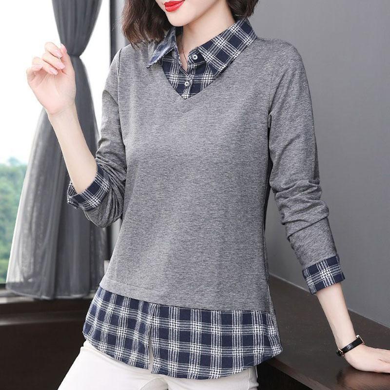 Women's Spring and Autumn Plus Size Lapel Plaid Long Sleeve Slim Top Shirt