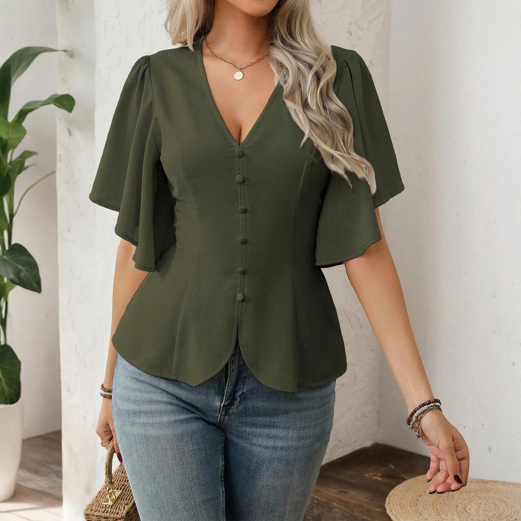 Women's Fashion Solid Color V Neck Single Breasted Waist Short Sleeved Top