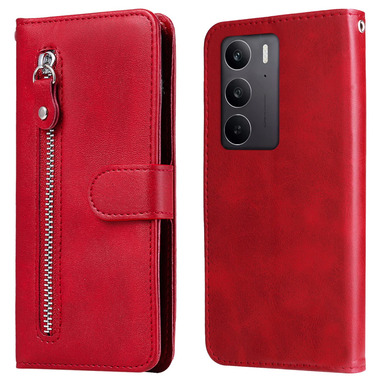 

For Oppo A5 5G/4G/Realme C75 5G/C75 4G/C71 4G/14x 5G Case Zipper Wallet Calf Texture PU Leather Phone Cover Red