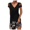 Ladies Casual Positioning Print V-Neck Lace Panel Short Sleeve Dress