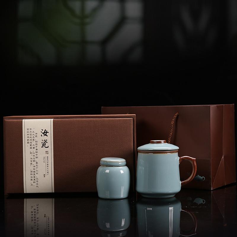 High-End Ru Kiln Tea Three-Piece Set With Lid Filter Ceramic Cup Tea Can Business Gift Formulation