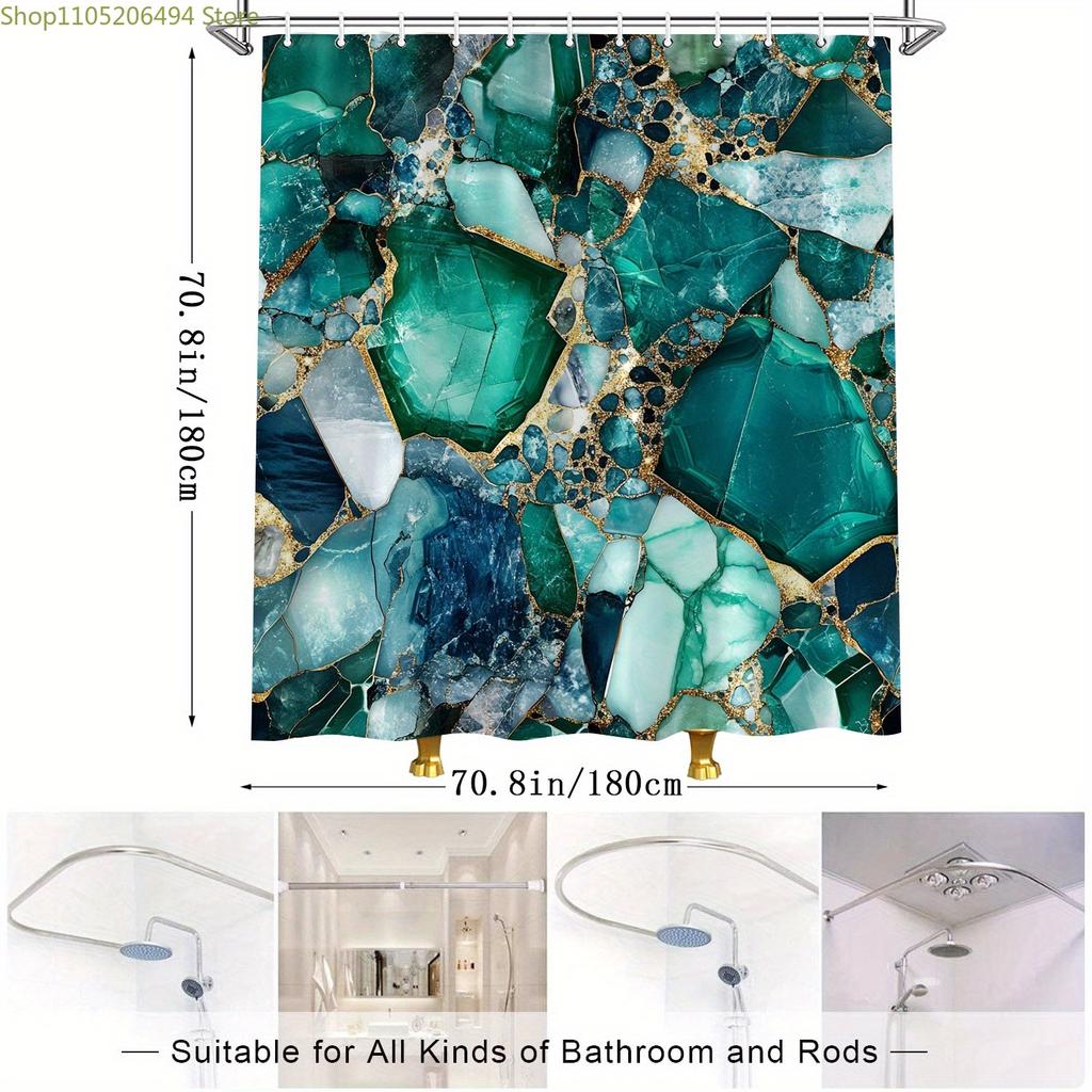 1pc Luxe Green and Teal Gemstone Shower Curtain - Abstract Emerald & Aquamarine Mosaic Design with Golden Cracked Background,