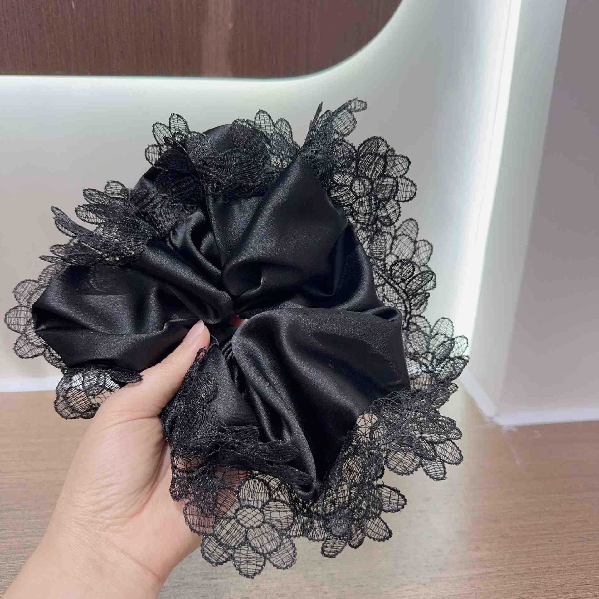 Women’s Large Satin Scrunchie with Lace Trim for Buns