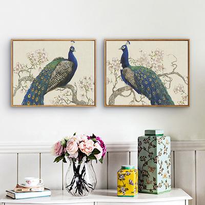 Elegant Arts Blue Peacocks On Tree Pink Flower Traditional Chinese Pastoral Canvas Painting Wall Posters for Home Decor