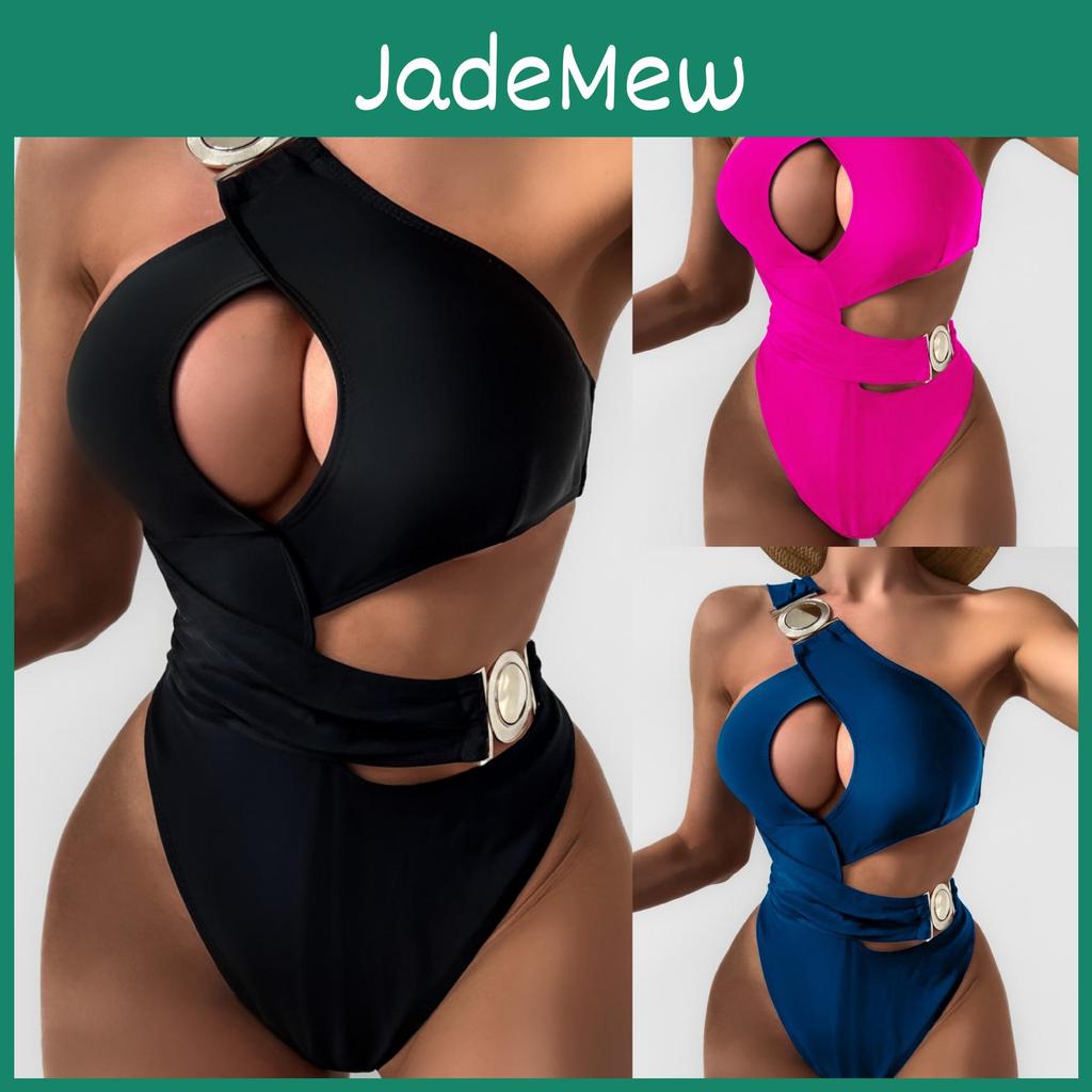 Swimwear Womens Color One Solid Shoulder Sexy Metallic Round Buckle Cutout Bikini Beachwear Bathing Suits
