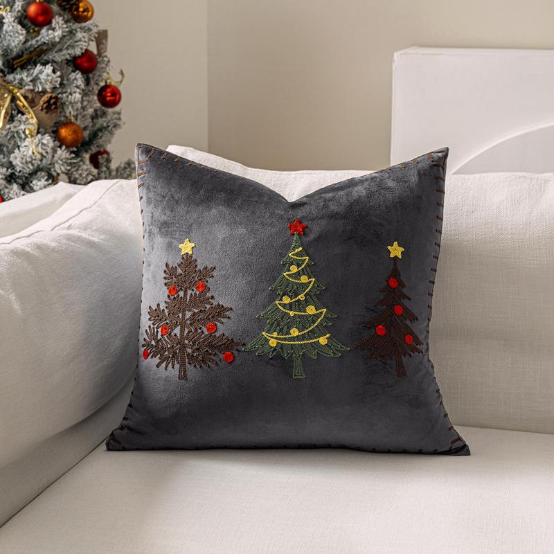 Christmas Embroidery Throw Pillow Cover Xmas Tree Reindeer Snowflake Embroidered Cushion Case Home Decoration (Without Core)