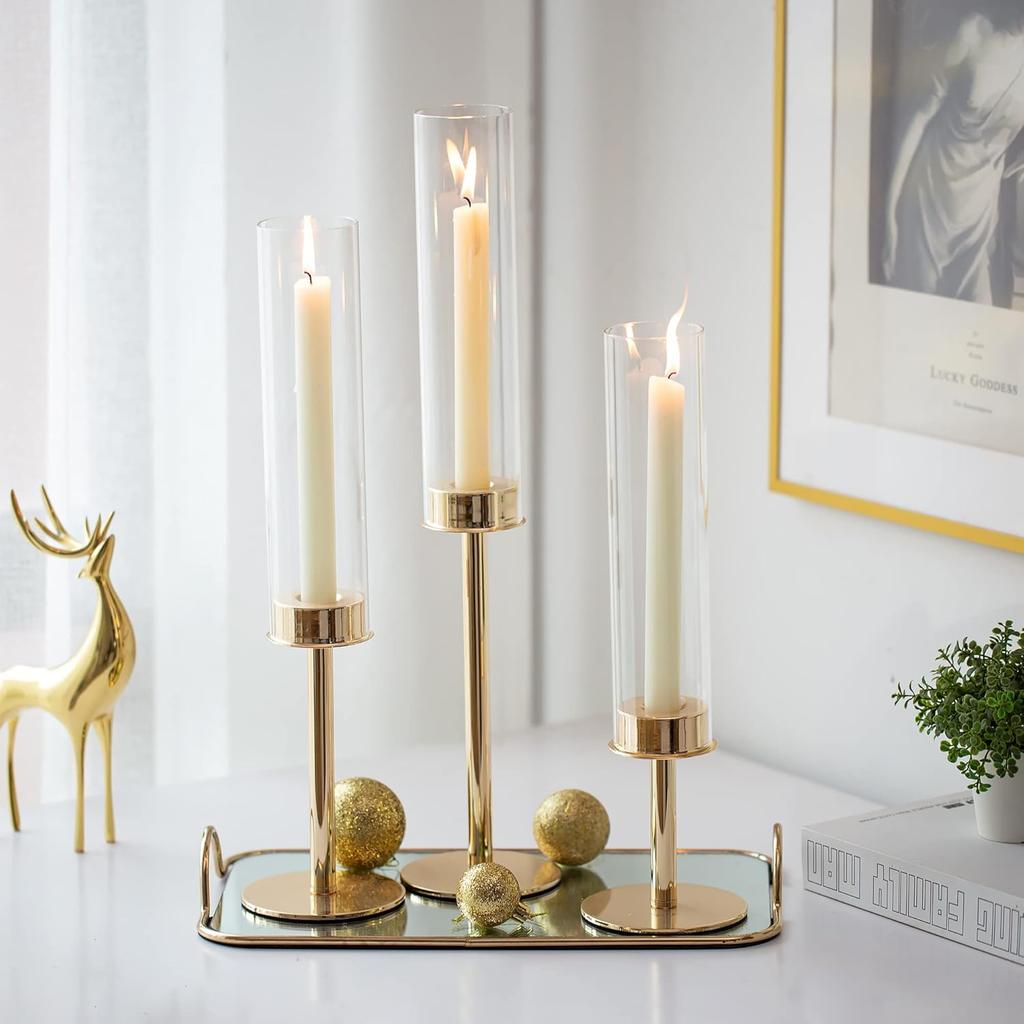 3-piece Elegant Metal and Glass Candle Holder Set for Weddings, Parties and Romantic Dining Decorations (candles Not Included)