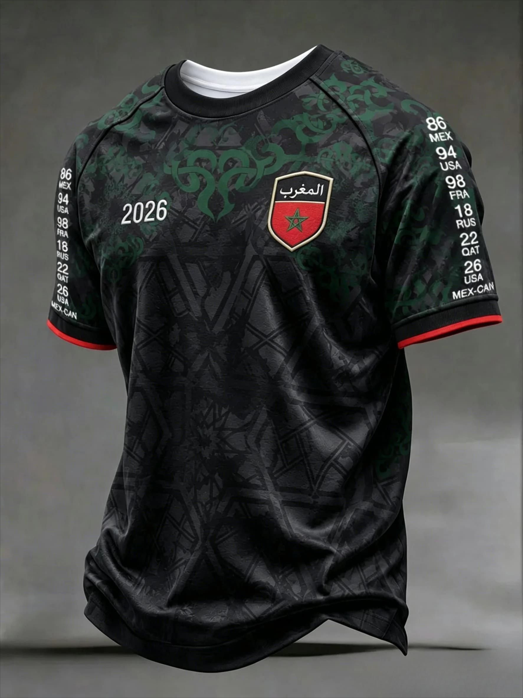 HLIHL Marokko 2026 Uit Voetbalshirt Zwart Groen Korte Mouw Voetbalshirt Print Unisex Fan Supporter Sport T-shirt Top 2XL wit