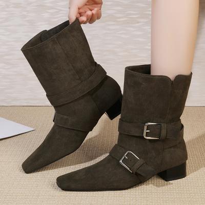 Mode Damen Stiefeletten mit Absatz 2025 Winter Wildleder Mode Schnallenschuhe Designer Elegant Kurze Stiefel Kleid Pumps Neu Klassisch Zapatos