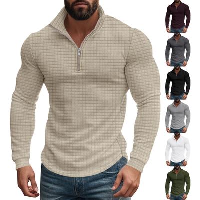 Sudadera Casual de Otoño/Invierno para Hombre de Manga Larga con Media Cremallera a Cuadros Pequeños y Cuello Alto