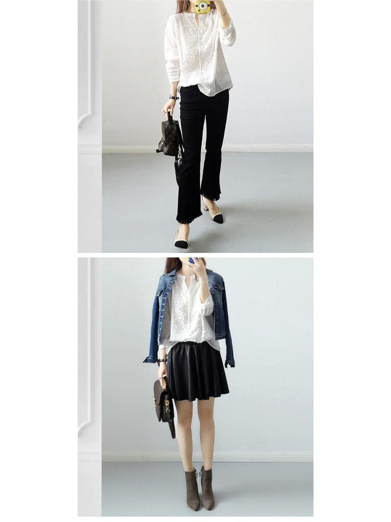 2026 Women's White V-Neck Embroidery Jacquard Lace Puff Sleeve Shirt