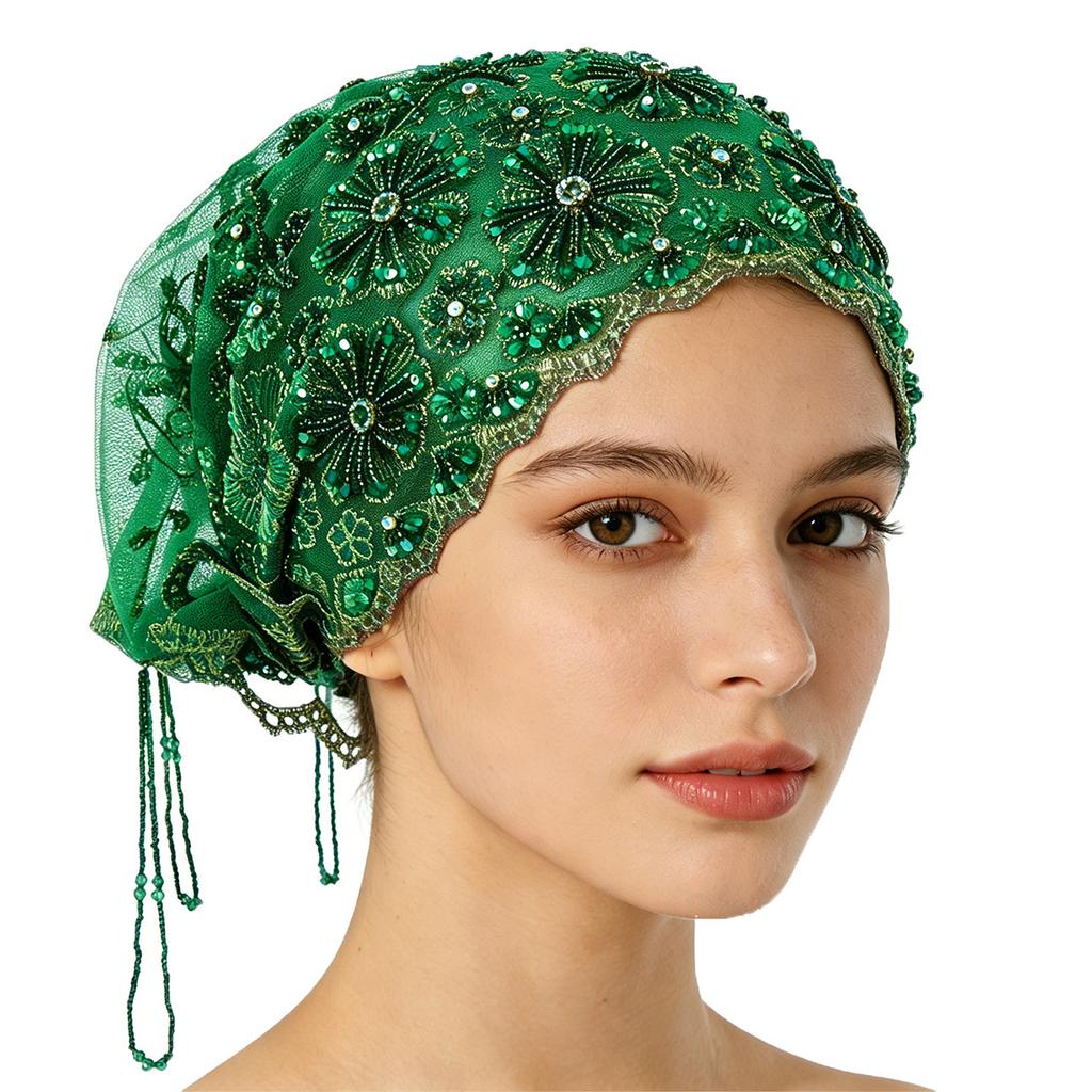 Turban Hat for Women Lace Bead Muslim Hijab Beanie Cap Shinny Bonnet Hat With Beaded Fringe Women's Head Wraps Floral Embroidery Beaded Headwrap Cover