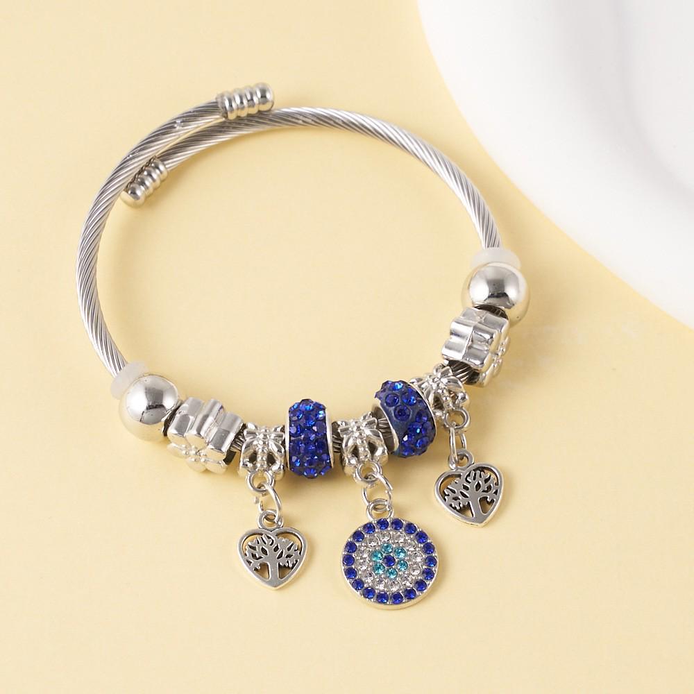 Temu Tree of Life Pendant with Stainless Steel Pandora-Style Bangle, Fashionable Beaded DIY Bracelet.