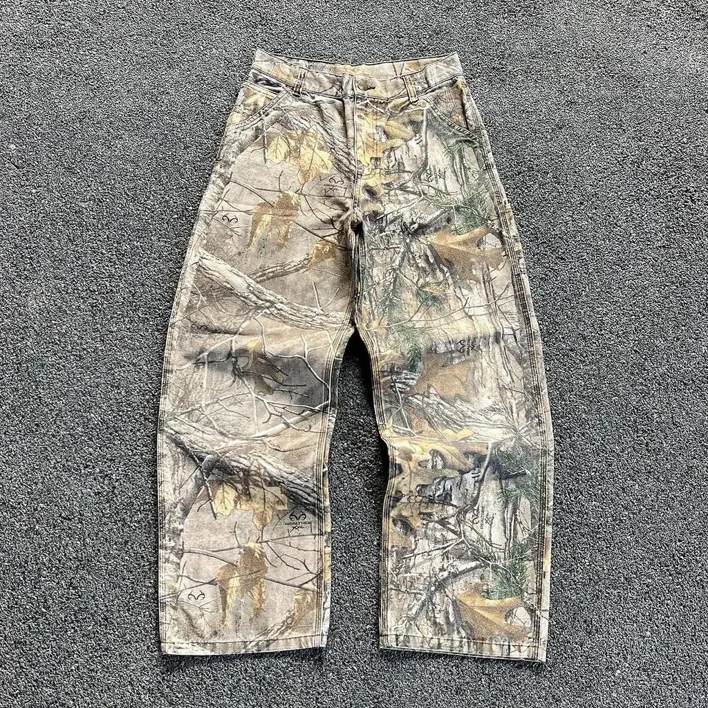 Summer Washed New Camouflage Pants Branches, Men's American Old Wide-leg Loose Straight Jeans
