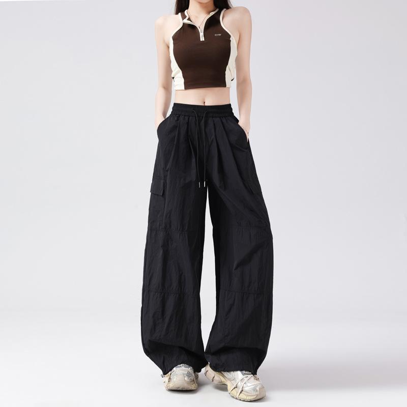 

Широкие брюки женские летние большого размера толстые тонкие быстросохнущие парашютные американские спортивные прямые брюки S чёрный