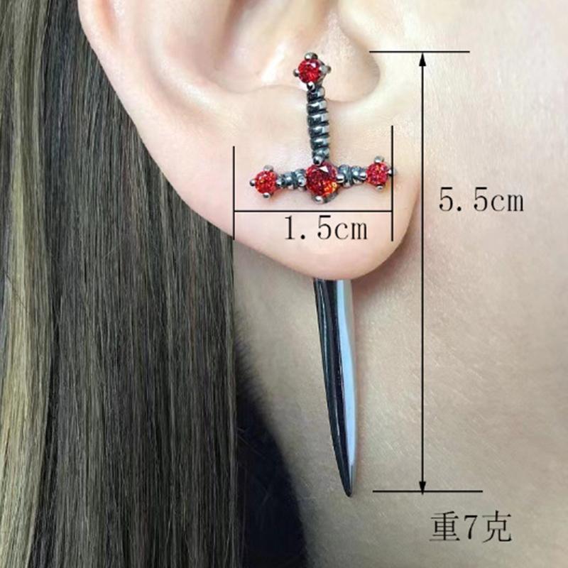 Kiss Jewelry Punk Sword Gothic Kinitial Piercing Earrings for Women Men Goth Crystal Ear Jacket Dagger Stud Earrings Jewelry