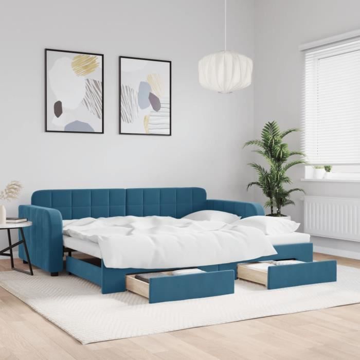 VidaXL Daybed with Trundle and Drawers Blue 90x200 Cm Velvet 3196976