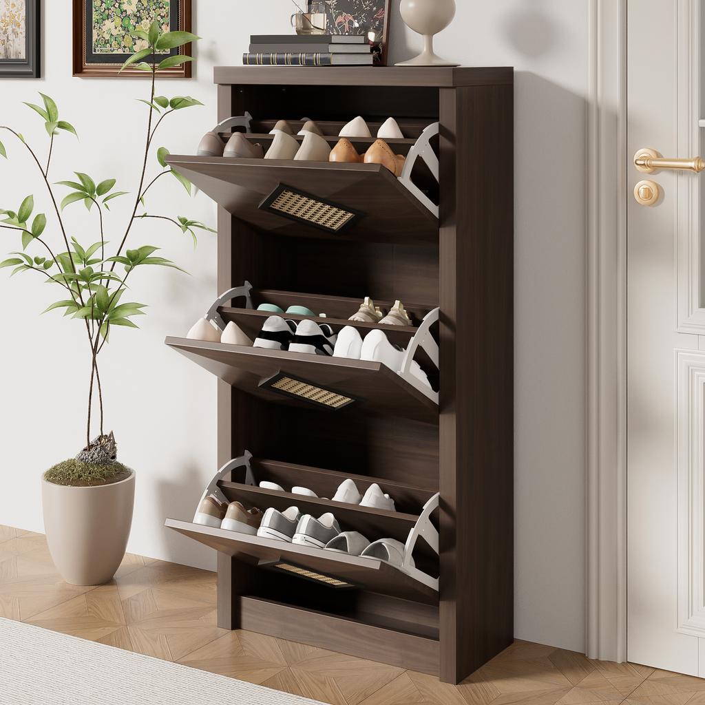 Vintage Shoe Cabinet with Rattan Decor, 3 Flip-Down Compartments, Space-Saving Shoe Cabinet 54x25x115 cm, Hallway Furniture in Modern Farmhouse Style