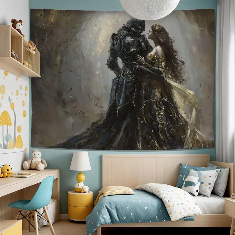 2D Medieval Romantic Tapestry, Dark Knight & Princess Wall Art for Home Decor