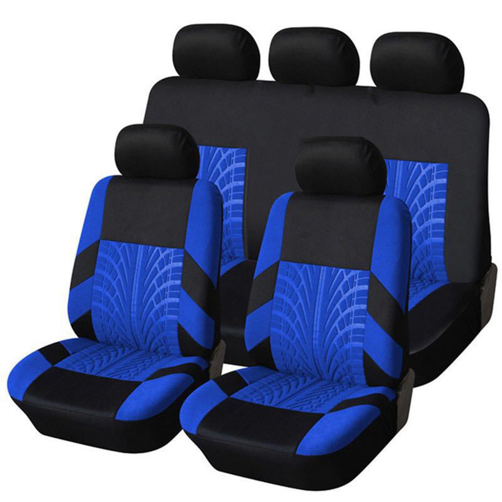 

9 Piece Tire Tread Pattern Knitted Fabric Car Seat Covers Full Set Front Rear Seats Headrest Protection Durable Fit One Size синий