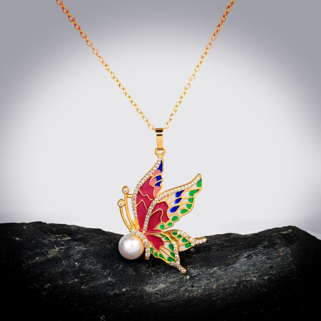 Classic Necklace for Women's Color Epoxy Butterfly Pendant Inlaid Pearl Necklace Handmade Enamel Jewelry Women's Sweater Chain