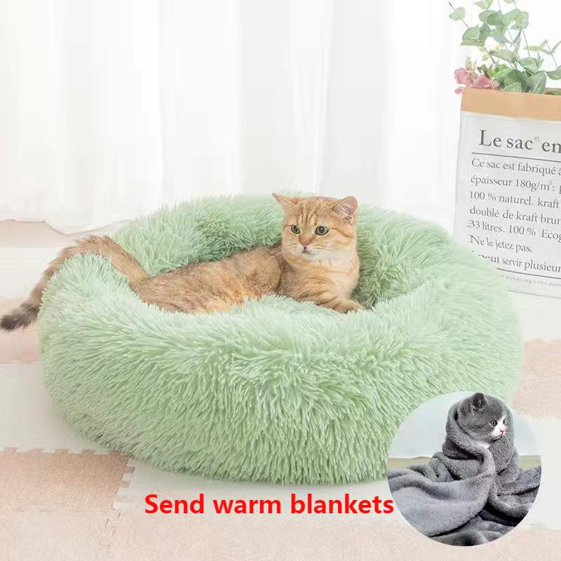 Soft Pet Cat Bed Pad Plush Warm Faux Fur Dog Calm Bed Donut Round Bed Comfortable Sleeping Washable for Small Medium Dog and Cat