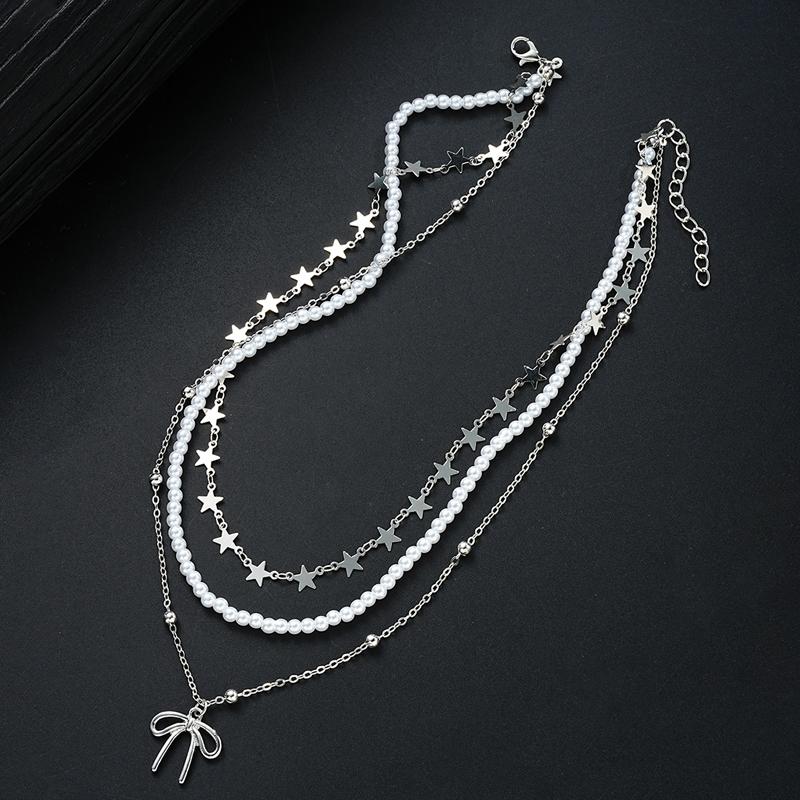3Pcs/Set New Fashion Metal Bow Pendant Necklace for Women Simple Five Pointed Star Imitation Pearl Beaded Chain Necklace Jewelry