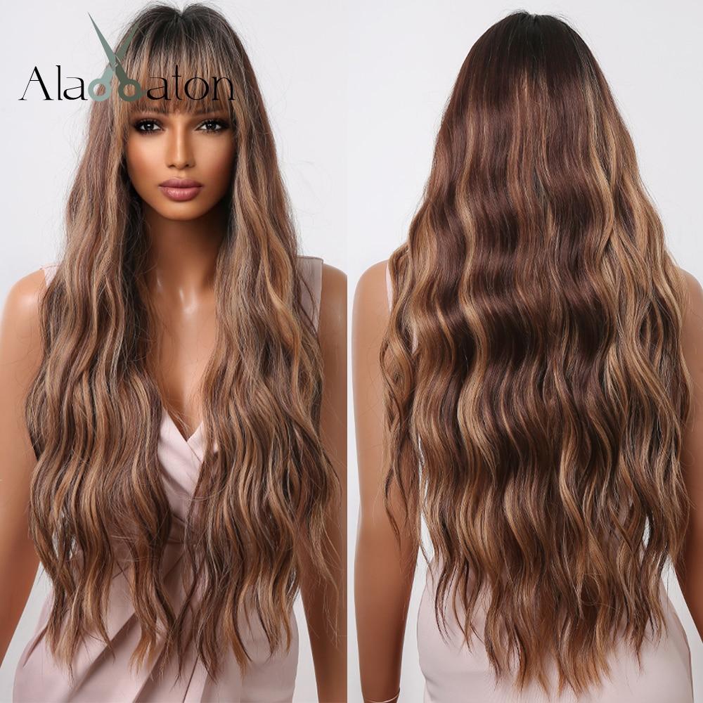 ALAN EATON Long Water Wave Ombre Dark Brown Wigs for Black Women Afro Cosplay Daily Hair Wigs with Bangs High Temperature Fiber