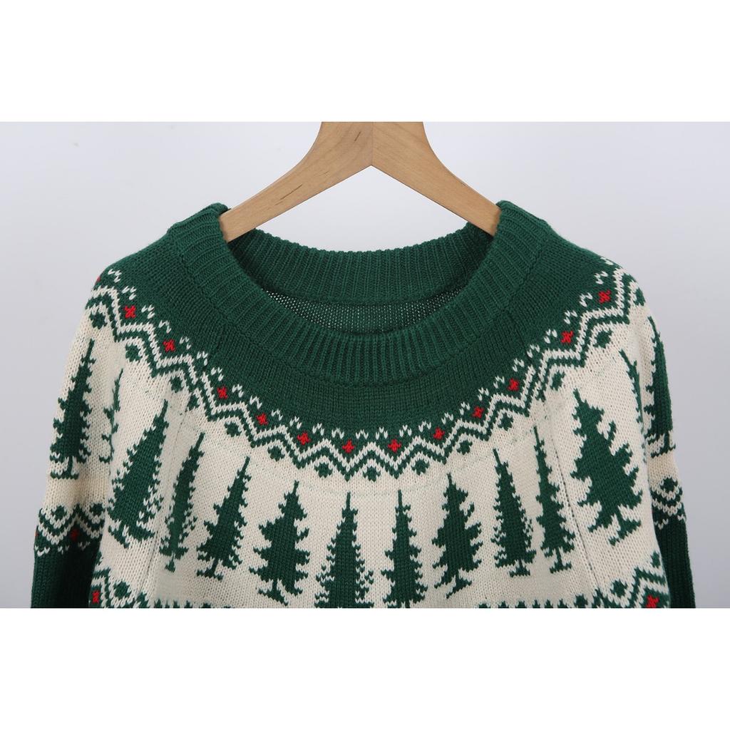 Winter New Christmas Sweater for Women, O-Neck Tree Pattern, Green Knitwear