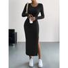 JPNTKY Fashion Spring Autumn  Solid Color Print Long Sleeve O-Neck Casual Dresses