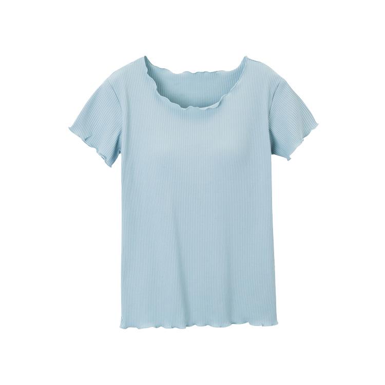 Ruffled Short-Sleeve Bra-Free T-Shirt with Integrated Breast Pads