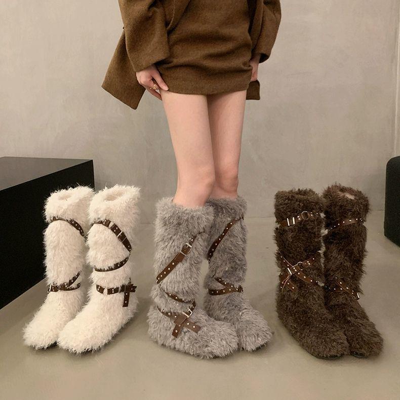 Women's Fur Integrated Thick Bottom Heightening Winter Lightweight Padded Warm Plush Snow Boots Non-slip Wear Casual Sports Tall Cotton Boots
