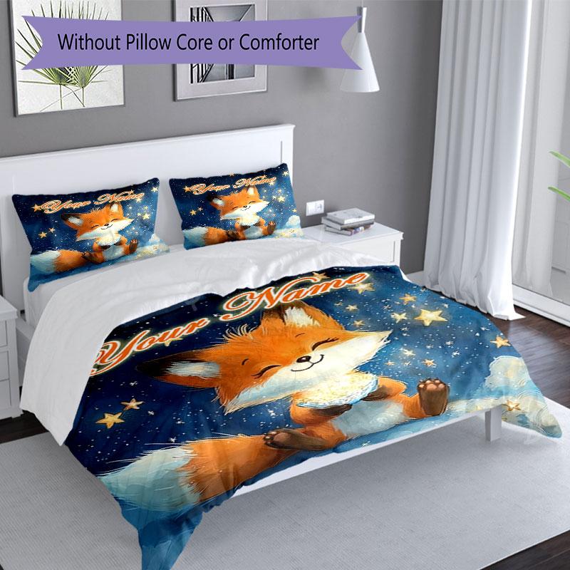 3PC Custom Name Fox Stars Bedding Set Duvet Cover Closure Includes 1 Duvet Cover & 2 Pillowcases for Bedroom