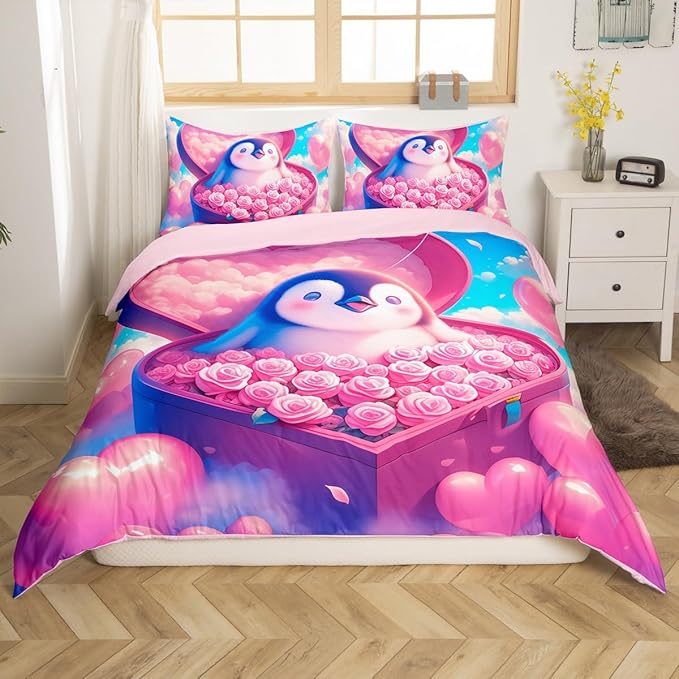 Cartoon Penguin Bedding Set Romantic Balloon Valentine's Day Comforter Cover Groovy Roses Flower Duvet Cover for Couple Lovers