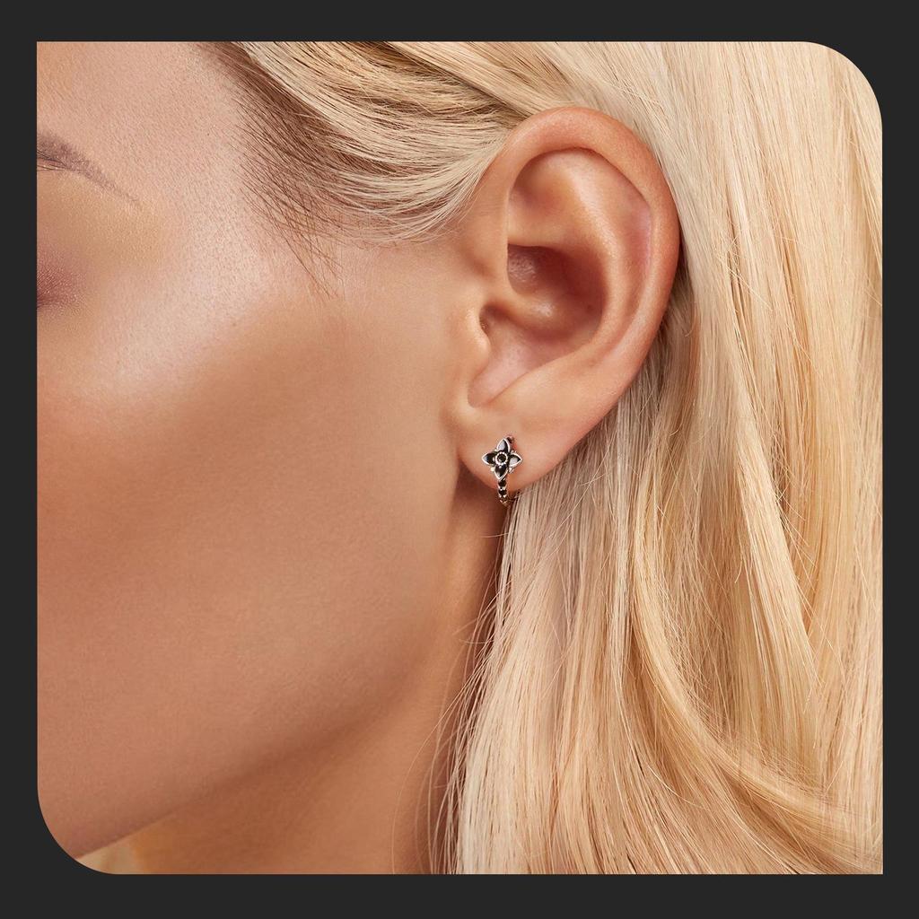 Elegant Black & White Retro Floral Earrings, S925 Sterling Silver Oxidized, Versatile Jewelry for Women