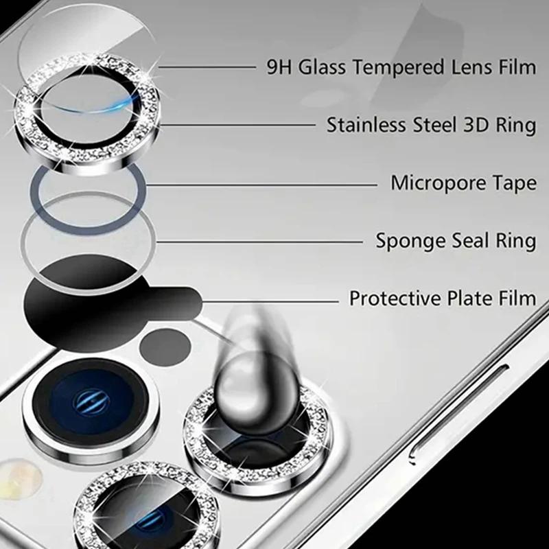 Luxus 2-3 Stück Kameraobjektivschutzhülle für iPhone 16 15 14 Plus 13 11 Pro Max 12 Mini 15plus Mädchen Glitzer Diamant Metall Schutzglasfolie