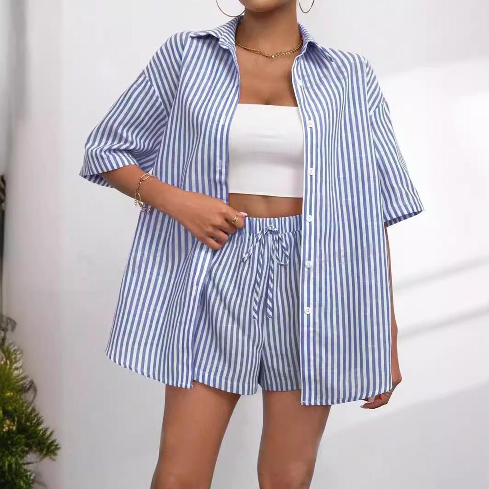 

Women s Striped 2 Piece Outfits, Oversized Button Down Shirt And Drawstring Shorts Set, Casual Summer Tracksuit L