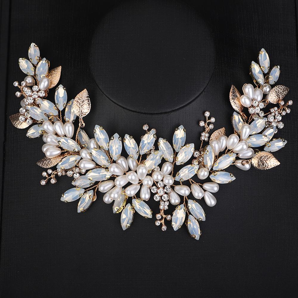 Trendy Silver Rhinestone Bridal Headband Handmade Pearl Wedding Hair Accessories Opal Party Tiaras Head Jewelry for Women Girls