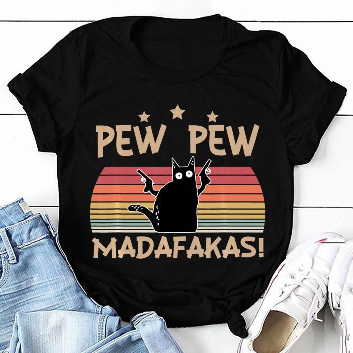 

Модные забавные футболки с принтом Pew Pew Madafakas для женщин, летние повседневные футболки с короткими рукавами, топы с круглым вырезом S
