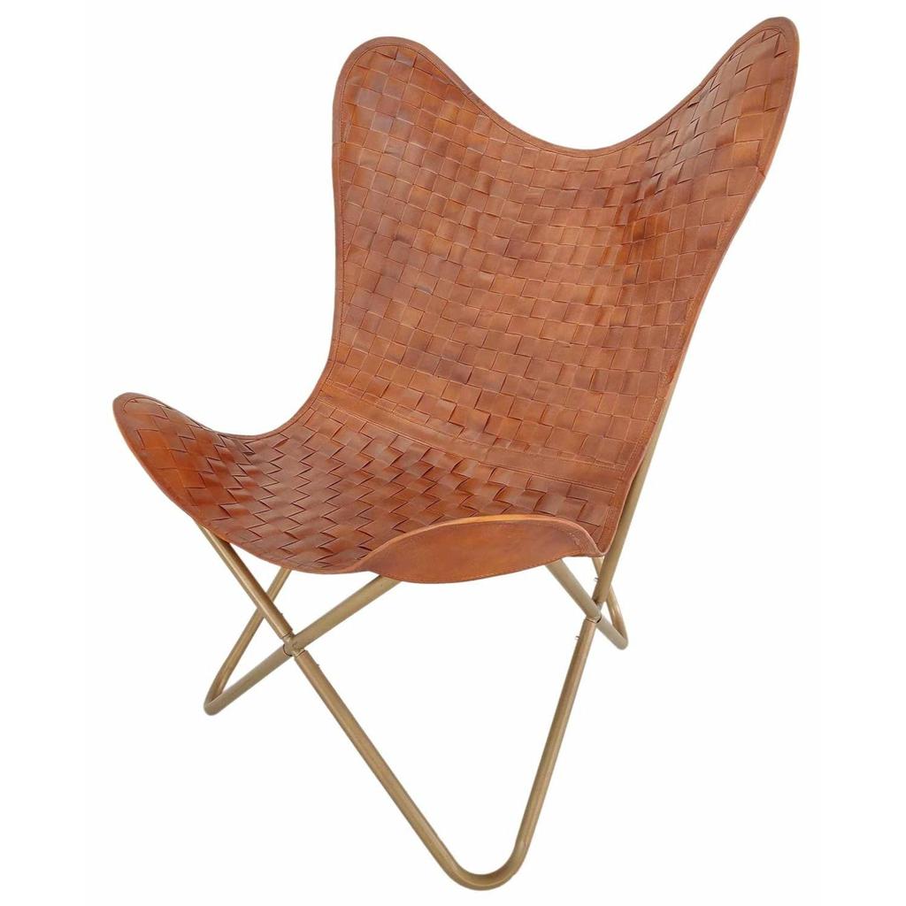 Leather Butterfly Chair-Hand Weaved Tan Brown Leather Butterfly Chair-Handmade with Golden Powder Coated Folding Iron Frame.