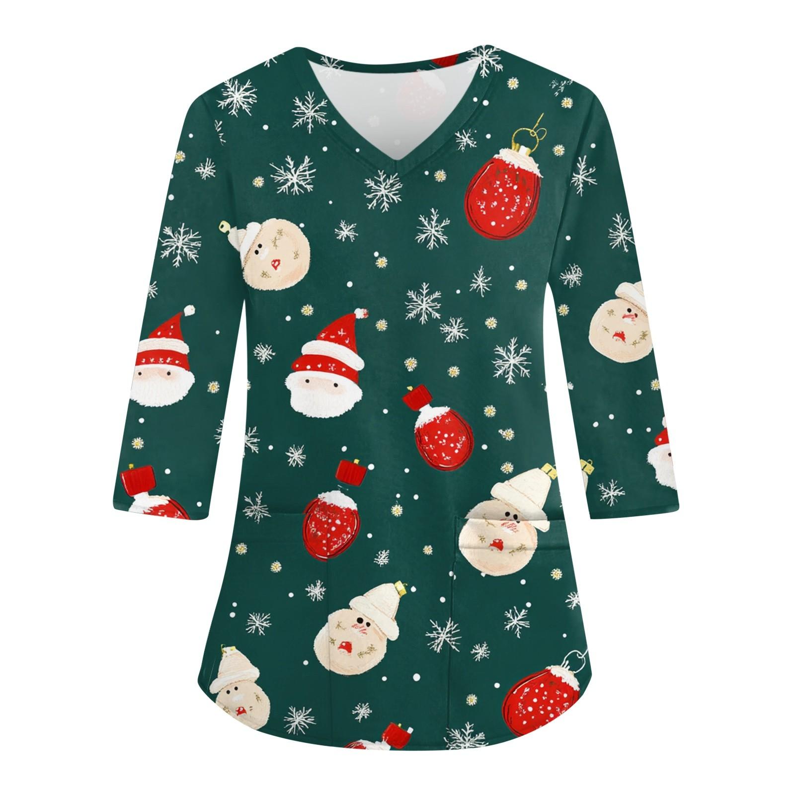 

Женский повседневный рождественский свободный V-образный вырез с карманом и принтом, рукава три четверти XXXXL зелёный