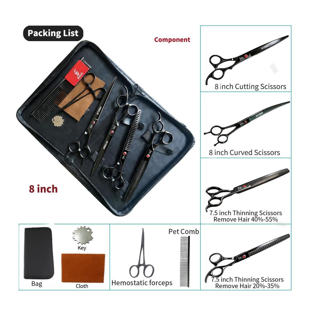 SANGELAR Conjunto de tesouras para animais de estimação, 8 polegadas, profissional, para animais de estimação, casa, cachorro grande, tesoura de lã, tesoura grande para animais de estimação, conjunto de ferramentas