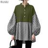 ZANZEA Women Plaid Print Splice Long Sleeve Loose Casual Blouse